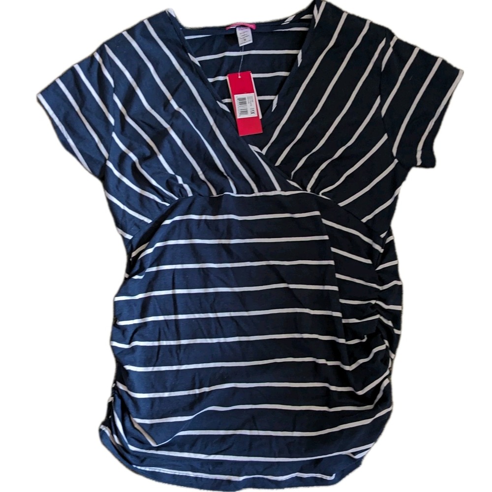 Penelopes Closet Maternity Nursing Shirt 1X Navy Blue Striped Short Sleeve New‎